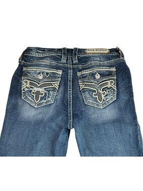 Rock Revival Ash Rose Easy Boot Cut Rhinestone Distressed Jeans 32 Blue